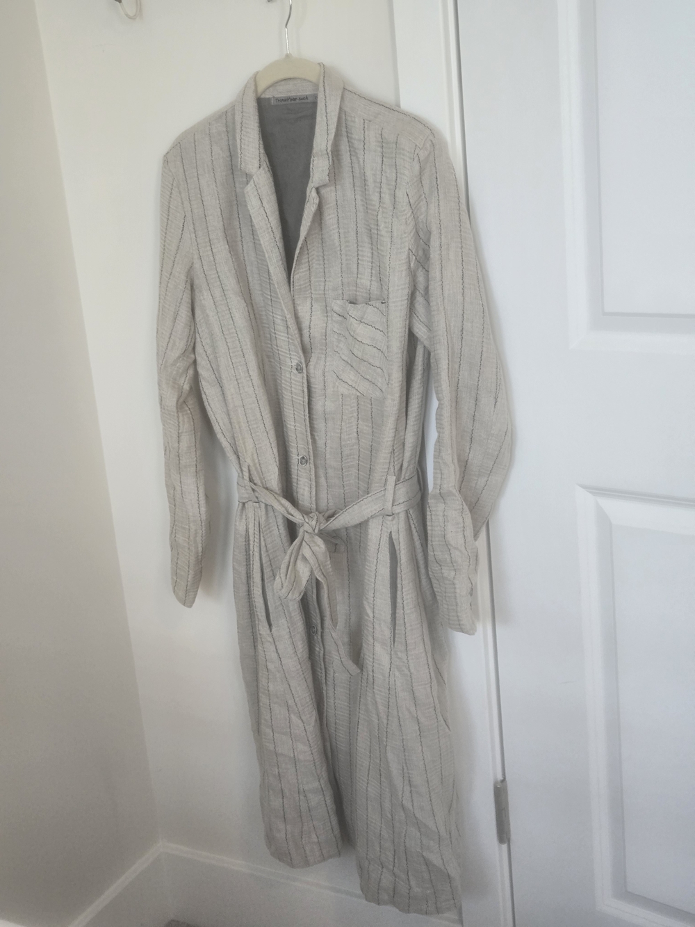 Beige Striped Linen Women's Shirtdress with Waist Tie made in Italy sz 10